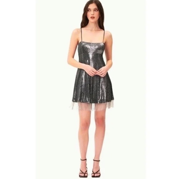 NWT NICHOLAS Isabella Sequined Mini Dress Gunmetal Rhinestone fringe - Picture 5 of 16